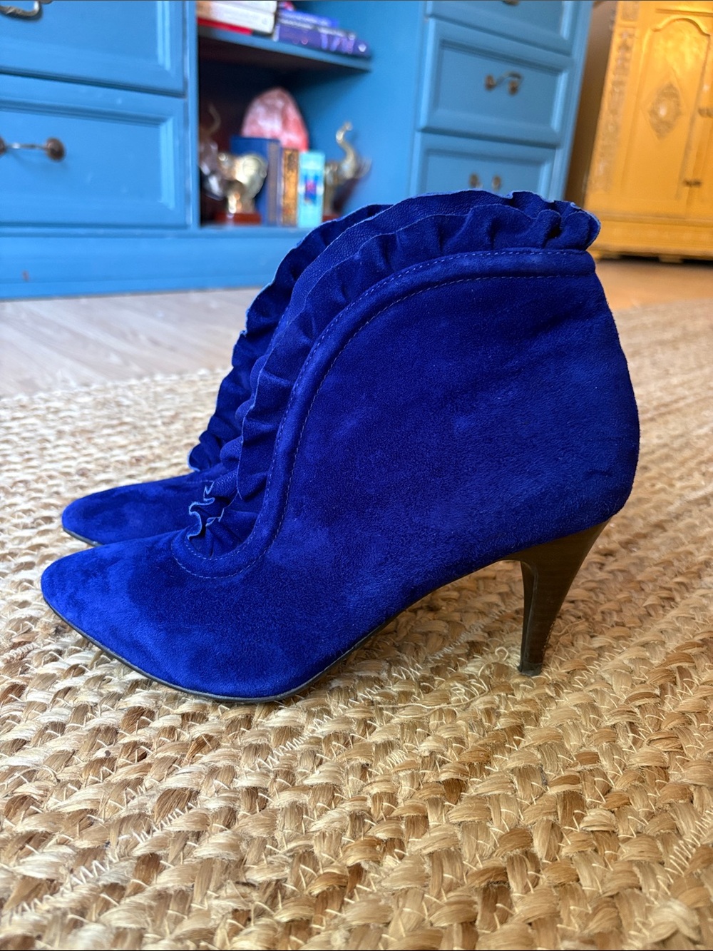 LOVELY PEOPLE - Ruffled Velvet Ankle Boots in Royal Blue - Women's